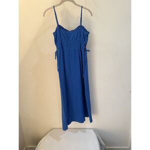 GREYLIN Blue Gauze Smocked‎ Midi Dress Women's Small Adjustable Straps Tie Sides